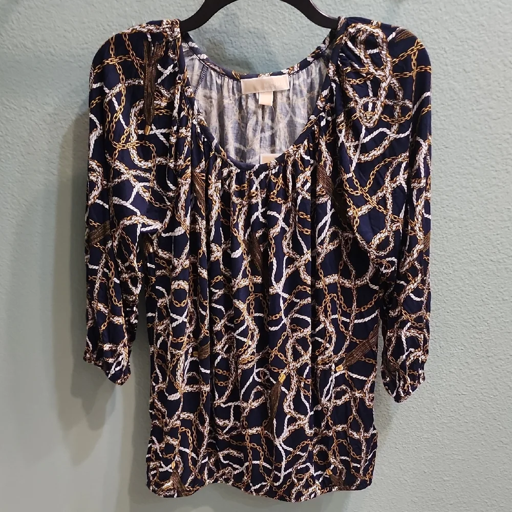 Michael Kors Navy and Gold Chain Print Blouse Size Medium NWT
